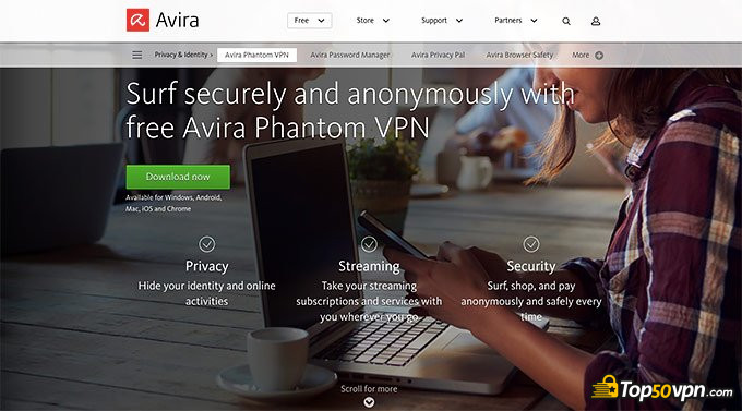 Đánh giá Avira Phantom VPN: Trang chủ rõ ràng.