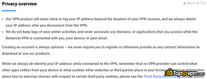 Đánh giá Betternet VPN: Quyền riêng tư.